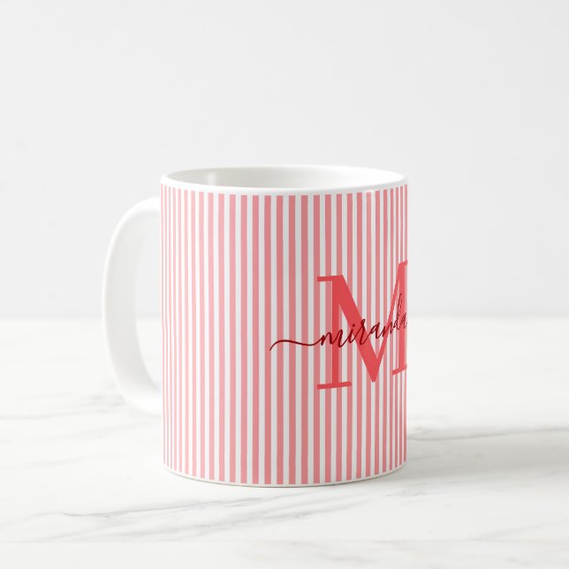 Mug Nom Monogramme Red Stripe Moderne (Devant gauche)