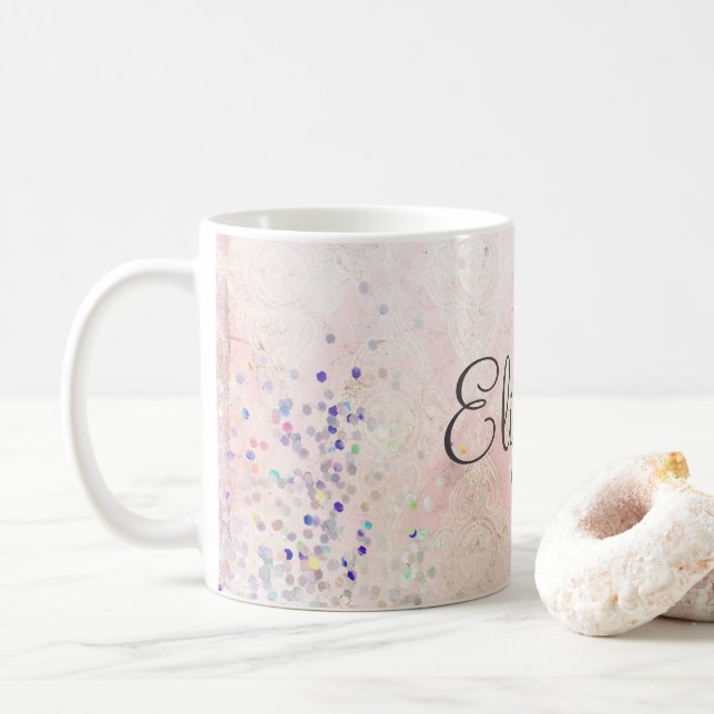 Mug Nom Monogramme Rose Blanc Paillettes Élégant   (Avec donut)