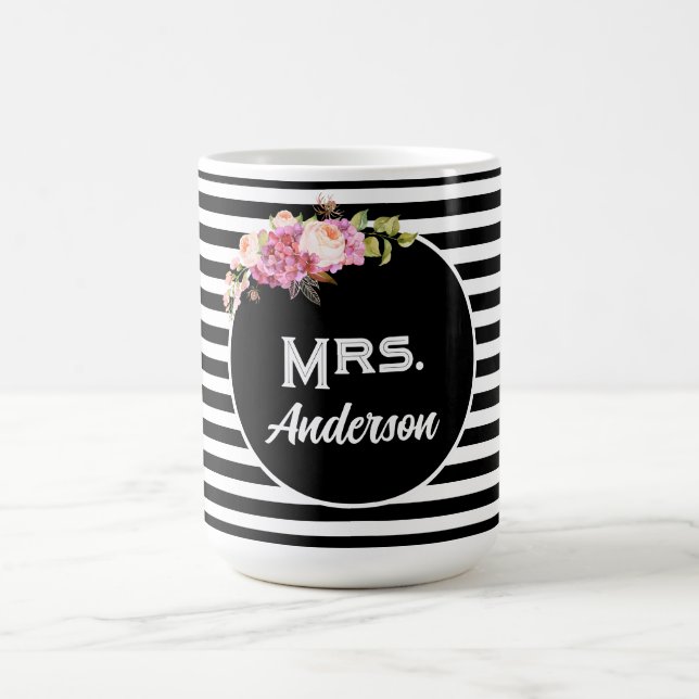 Mug Nom Nom Nom Nom Black White Stripes Fleurs (Centre)