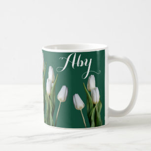 Mug Nom personnalisable Aby blanc fleurs de tulipe ver