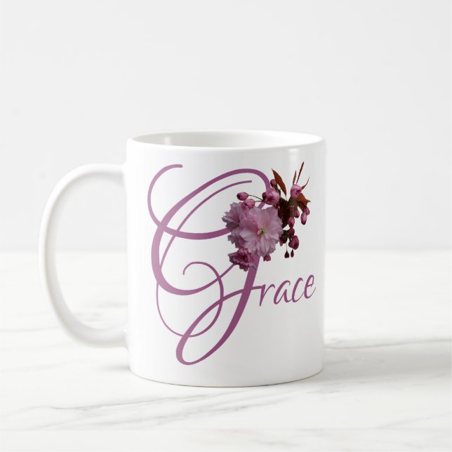Mug Nom personnalisable Grace rose fleurs de cerisier  (Gauche)