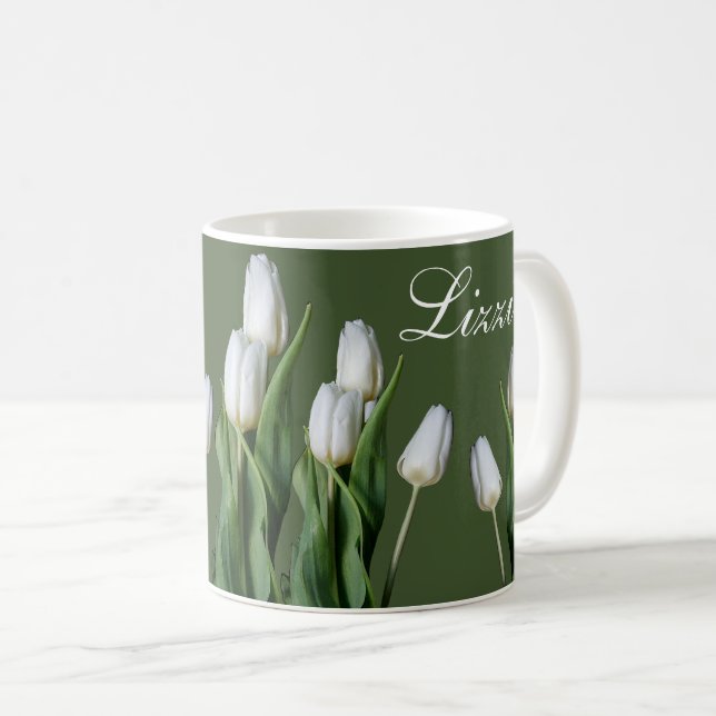 Mug Nom personnalisable Lizzie blanc fleurs de tulipe  (Devant droit)