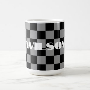 Mug nom personnalisé à carreaux gris et noir