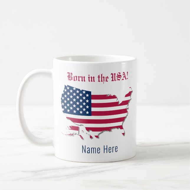 Mug Nom personnalisé Amérique Carte du drapeau Né aux  (Gauche)