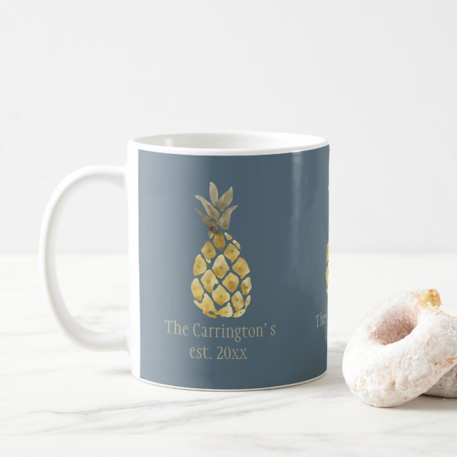 Mug Nom personnalisé Ananas Rustique Bleu (Avec donut)