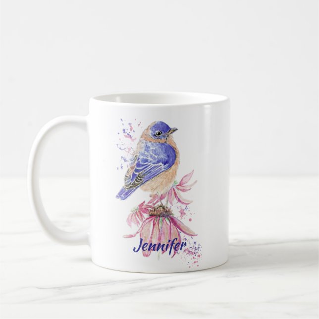 Mug Nom personnalisé Aquarelle Bluebird Garden Oiseau  (Gauche)