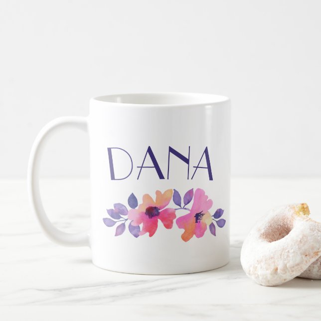 Mug Nom personnalisé Aquarelle Fleurs Café (Avec donut)