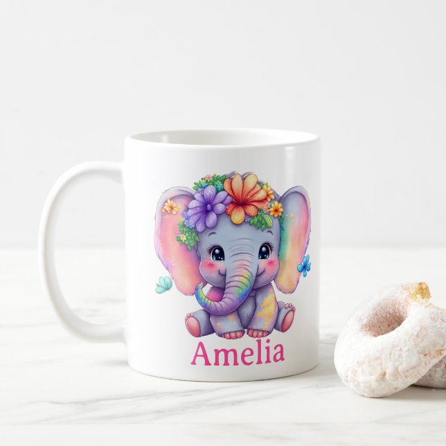 Mug Nom Personnalisé Baby Elephant Floral Mug, Pour La (Avec donut)