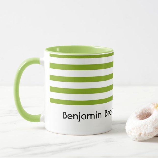Mug Nom personnalisé bandes vert et blanc (Avec donut)