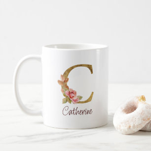 Mug Nom personnalisé Blush Roses roses lettre C en feu