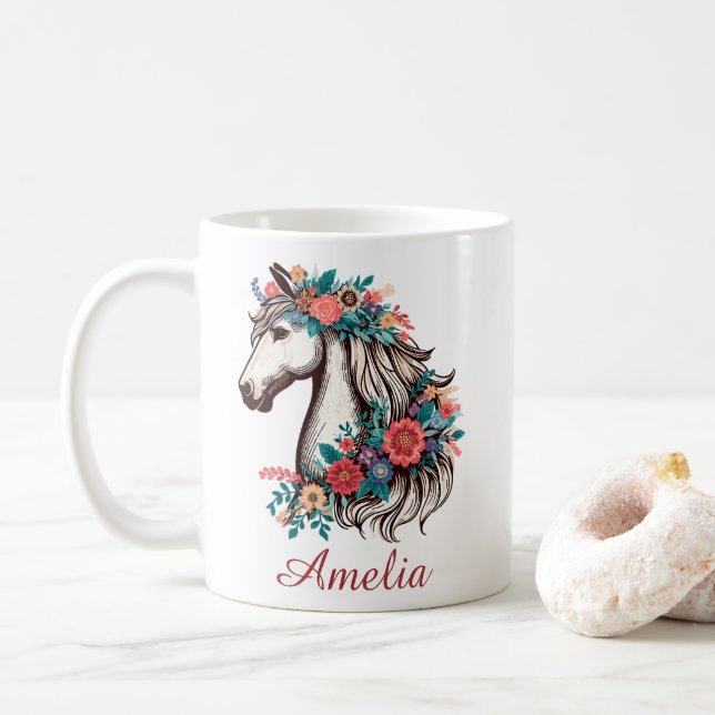 Mug Nom personnalisé Boho Horse avec Fleurs (Avec donut)