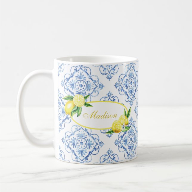 Mug Nom personnalisé Carrelage bleu Citron Floral Ital (Gauche)