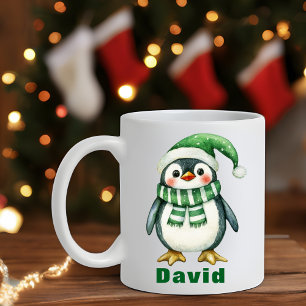 Mug Nom personnalisé Casquette vert Penguin de Noël