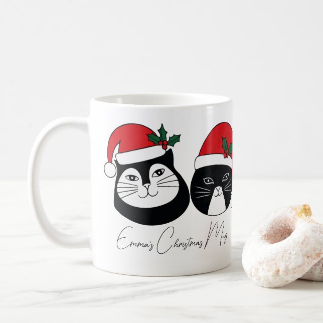 Mug Nom personnalisé Chat de Noël avec Casquette de No (Avec donut)