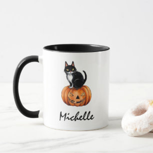 Mug Nom personnalisé Chat noir et Halloween Citrouille