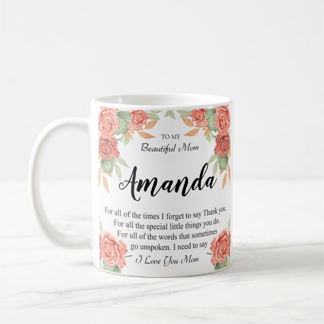 Mug Nom personnalisé Coral Red Rose Message pour maman (Gauche)