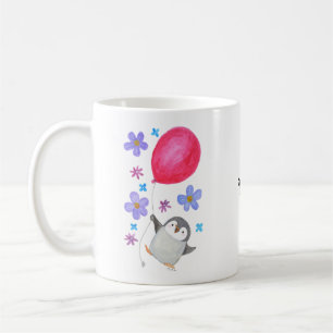 Mug Nom personnalisé Cute Baby Penguin Holding Balloo