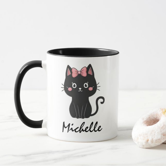 Mug Nom personnalisé Cute Éffrayant Chat noir Hallowee (Avec donut)