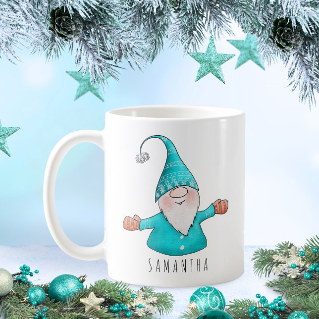 Mug Nom personnalisé Cute Gnome Turquoise Bleu Noël (Créateur téléchargé)