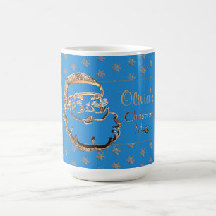 Mug Nom personnalisé Cute Père Noël Light Blue Gold No