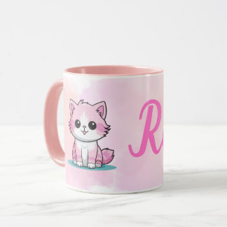Mug Nom personnalisé Cute Rose Chat Filles Aquarelle K