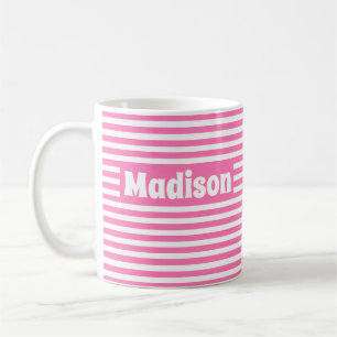 Mug Nom personnalisé Cute Simple Stripes Hot Rose et W