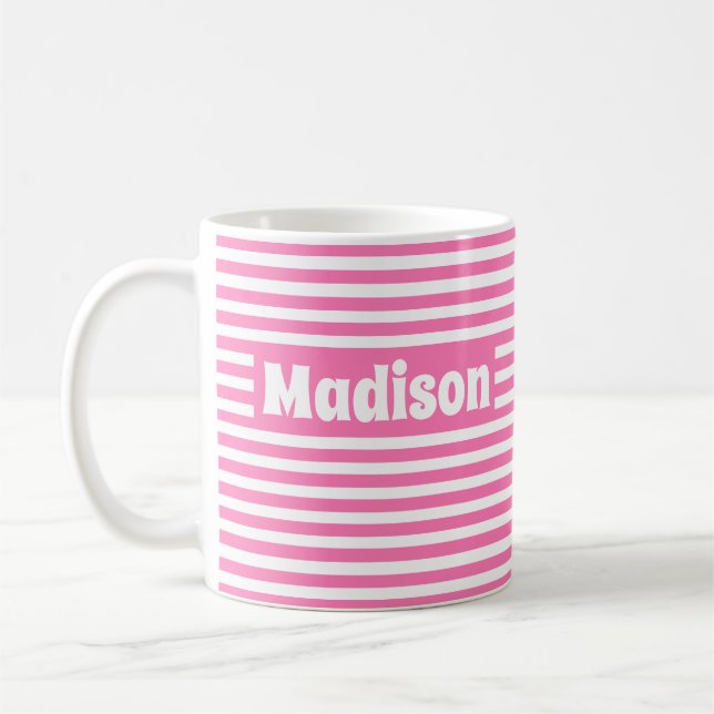 Mug Nom personnalisé Cute Simple Stripes Hot Rose et W (Gauche)