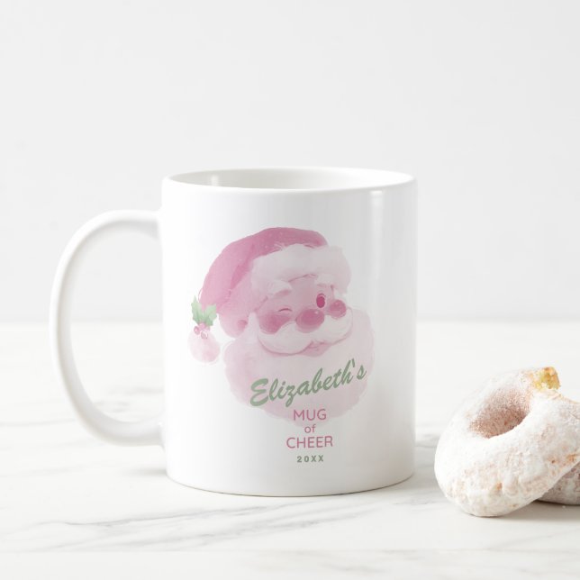 Mug Nom personnalisé Date Rose & Vert Joie de Noël (Avec donut)