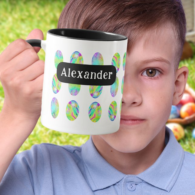 Mug Nom personnalisé du Motif d'oeufs de Pâques (Personalized name modern colorful Easter egg hunt spring brunch garden party mug)