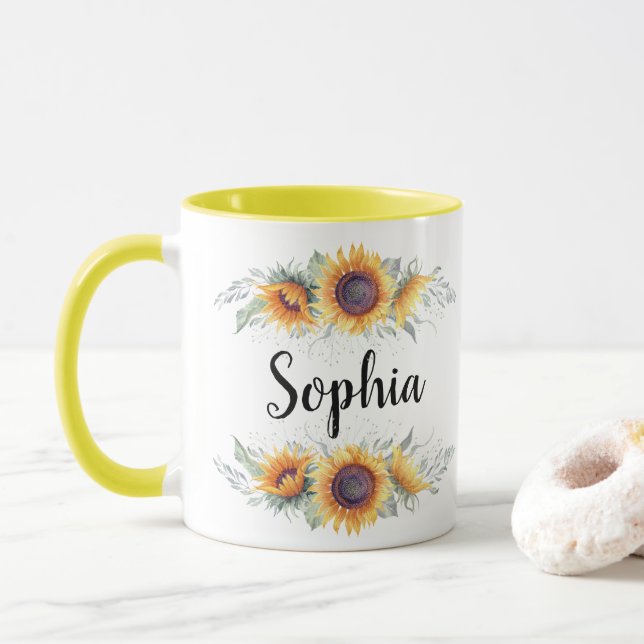Mug Nom personnalisé du tournesol (Avec donut)