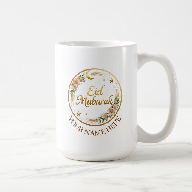 Mug Nom personnalisé Eid Mubarak Floral Lune Dorée (Droite)