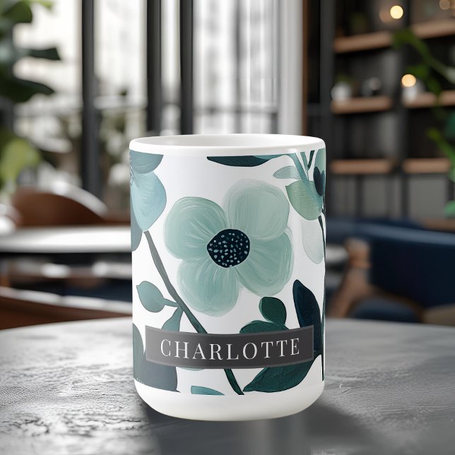 Mug Nom personnalisé Élégantes vignes florales bleues  (Créateur téléchargé)