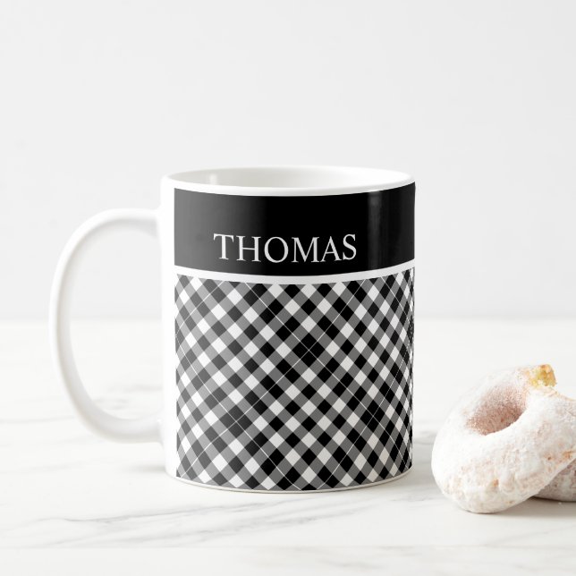 Mug Nom personnalisé En vichy noir blanc personnalisé (Avec donut)