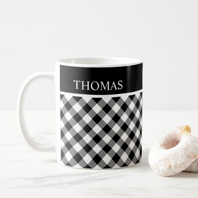 Mug Nom personnalisé En vichy noir blanc personnalisé (Avec donut)