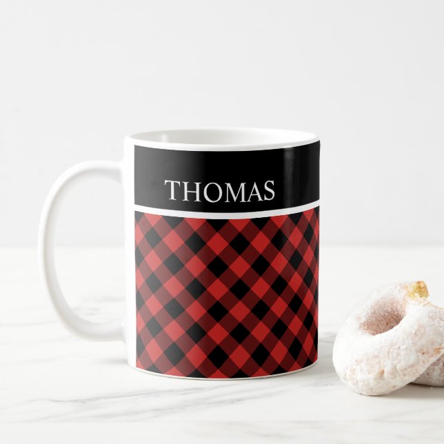 Mug Nom personnalisé En vichy rouge noir personnalisé (Avec donut)