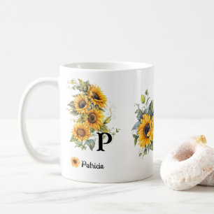 Mug Nom personnalisé et fleurs initiales de tournesol 