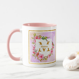 Mug Nom personnalisé Fleur rose Aquarelle