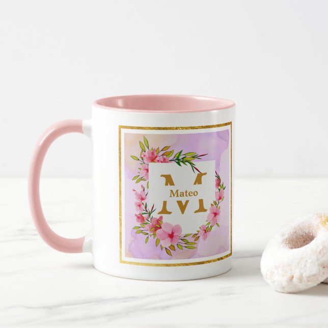 Mug Nom personnalisé Fleur rose Aquarelle (Avec donut)