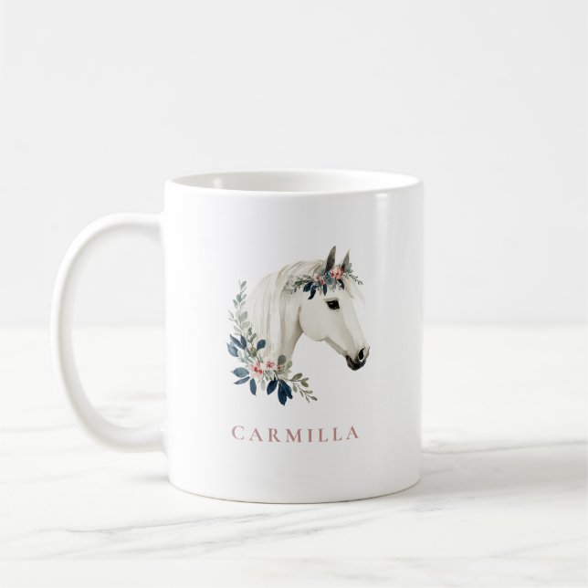 Mug Nom personnalisé Floral Horse Rose et Marine (Gauche)