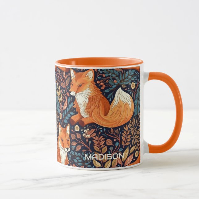 Mug Nom personnalisé Foxes et Motif de feuilles (Droite)