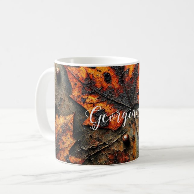 Mug Nom personnalisé Grungy Autumen Feuilles industrie (Devant gauche)