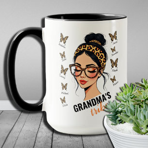 Mug Nom personnalisé Leopard Messy Bun et Butterflies
