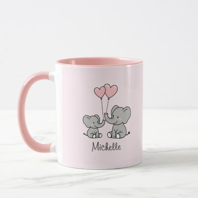 Mug Nom personnalisé Maman éléphant mignonne & Bébé Ro (Gauche)