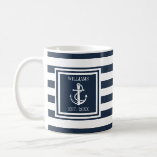 Mug Nom personnalisé Marine Bleu Bande Ancre nautique