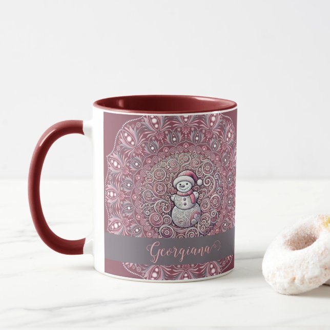 Mug Nom personnalisé mignon Whimsical Pink Snowman Man (Avec donut)