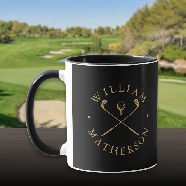 Mug Nom Personnalisé Moderne Clubs De Golf Noir Et Or (Modern Personalized Name Golf Clubs Black And Gold Mug)