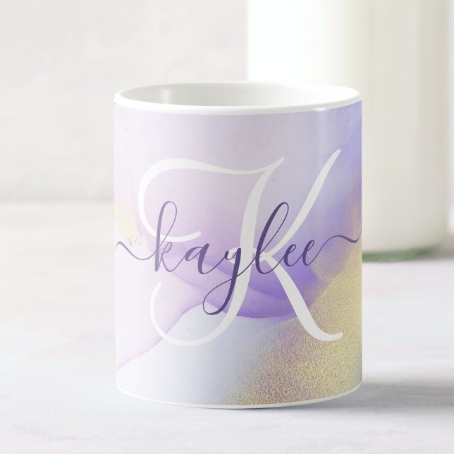 Mug Nom personnalisé Monogram Purple Aquarelle Luxe (Créateur téléchargé)