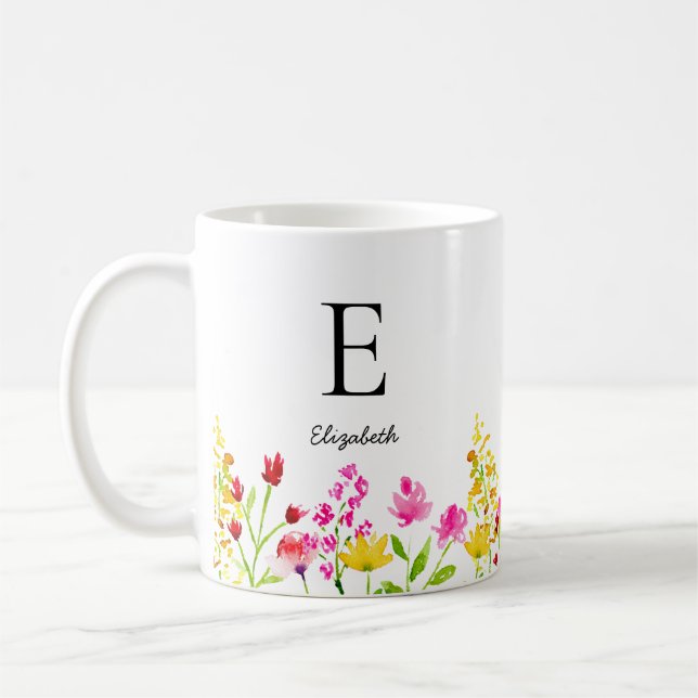 Mug Nom personnalisé Monogramme Fleur sauvage Aquarell (Gauche)
