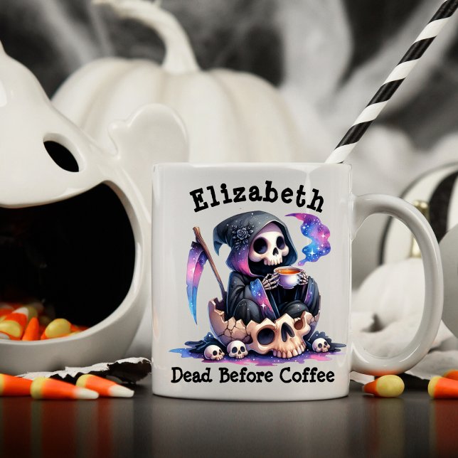 Mug Nom personnalisé Mort avant café Drôle Halloween (Créateur téléchargé)