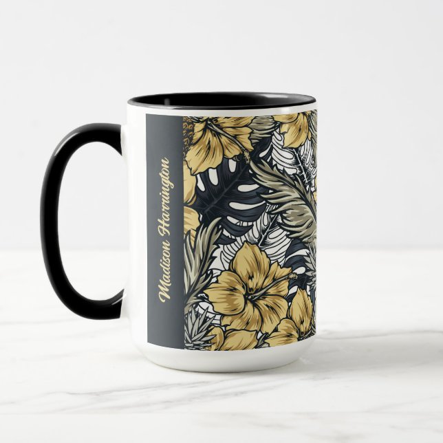 Mug Nom personnalisé Motif de feuilles et de fleurs tr (Gauche)